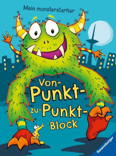 Buchcover und Innenansicht für das Buch: Ravensburger Mein monsterstarker Von-Punkt-zu-Punkt-Block - Für Kinder ab 5 Jahren