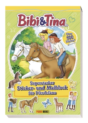 Buchcover und Innenansicht für das Buch: Bibi & Tina: Superstarker Sticker- und Malblock für Pferdefans
