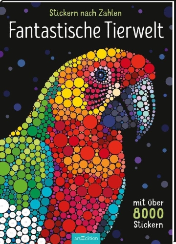 Buchcover und Innenansicht für das Buch: Stickern nach Zahlen - Fantastische Tierwelt