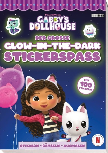 Buchcover und Innenansicht für das Buch: Gabby's Dollhouse: Der große Glow-in-the-Dark-Stickerspaß: Stickern - Rätseln - Ausmalen