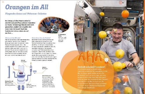 Buchcover und Innenansicht für das Buch: WAS IST WAS Astronautinnen und Astronauten. Flieg mit ins All!