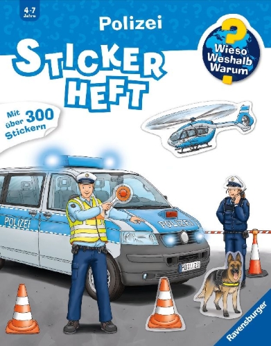 Buchcover und Innenansicht für das Buch: Wieso? Weshalb? Warum? Stickerheft: Polizei