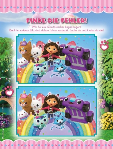 Buchcover und Innenansicht für das Buch: Gabby's Dollhouse: Der große Glow-in-the-Dark-Stickerspaß: Stickern - Rätseln - Ausmalen