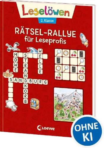 Buchcover und Innenansicht für das Buch: Leselöwen Rätsel-Rallye für Leseprofis - 2. Klasse (Rot)