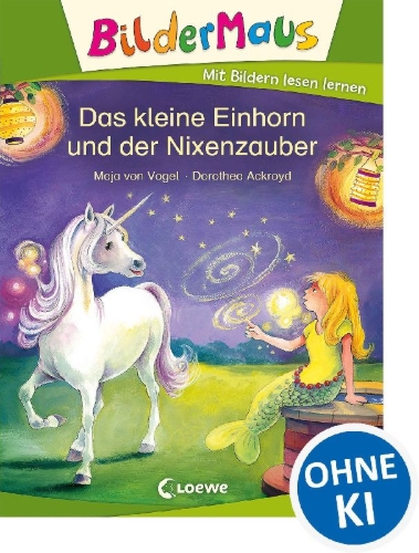 Buchcover und Innenansicht für das Buch: Bildermaus - Das kleine Einhorn und der Nixenzauber