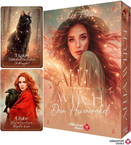 Buchcover und Innenansicht für das Buch: Alua Witch - Dein Hexenorakel - 40 Orakelkarten-96-seitiges Booklet