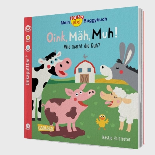 Buchcover und Innenansicht für das Buch: Baby Pixi (unkaputtbar) 140: Mein Baby-Pixi-Buggybuch: Oink, Mäh, Muh!