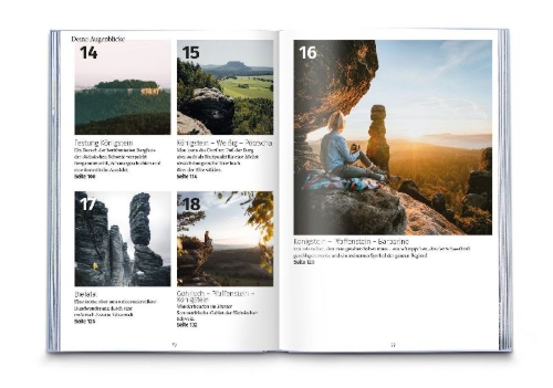 Buchcover und Innenansicht für das Buch: KOMPASS Dein Augenblick Sächsische Schweiz