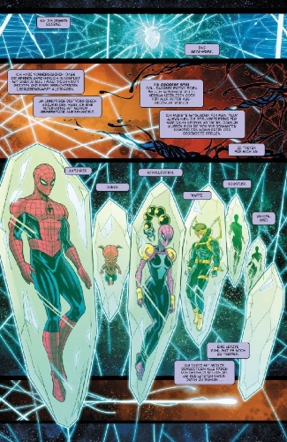 Buchcover und Innenansicht für das Buch: Web of Spider-Verse: New Blood (2025) #1, Web of Venomverse: Fresh Brains (2025) #1, Spider-Verse vs. Venomverse (2025) #1-#5