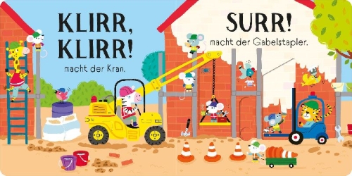 Buchcover und Innenansicht für das Buch: Schieben und Lauschen: Fahrzeuge auf der Baustelle