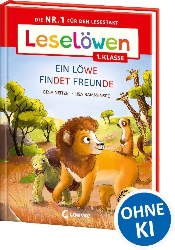 Buchcover und Innenansicht für das Buch: Leselöwen 1. Klasse - Ein Löwe findet Freunde (Großbuchstabenausgabe)