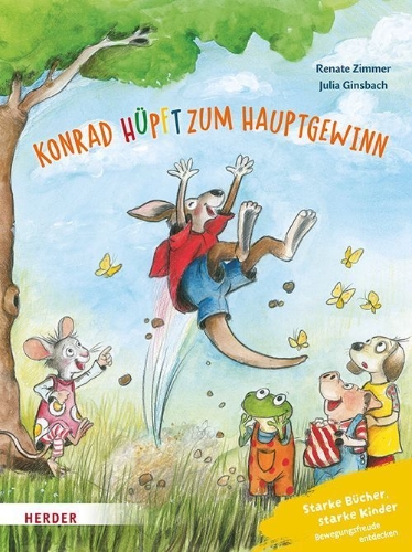 Buchcover und Innenansicht für das Buch: Konrad Känguru und Rita Rennmaus. Konrad hüpft zum Hauptgewinn