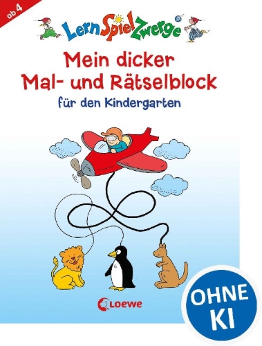Buchcover und Innenansicht für das Buch: Mein dicker Mal- und Rätselblock für den Kindergarten