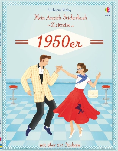Buchcover und Innenansicht für das Buch: Mein Anzieh-Stickerbuch Zeitreise: 1950er