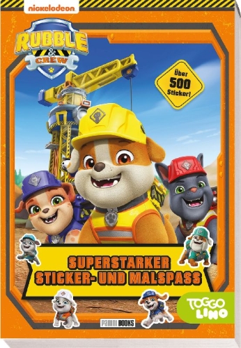 Buchcover und Innenansicht für das Buch: Rubble & Crew: Superstarker Sticker- und Malspaß