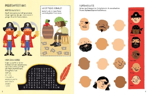 Buchcover und Innenansicht für das Buch: Piratenabenteuer - Rätseln, Malen, Mitmachen