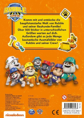 Buchcover und Innenansicht für das Buch: Rubble & Crew: Superstarker Sticker- und Malspaß