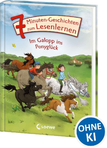 Buchcover und Innenansicht für das Buch: Leselöwen - Das Original - 7-Minuten-Geschichten zum Lesenlernen - Im Galopp ins Ponyglück
