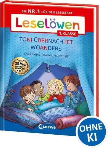 Buchcover und Innenansicht für das Buch: Leselöwen 1. Klasse - Toni übernachtet woanders (Großbuchstabenausgabe)