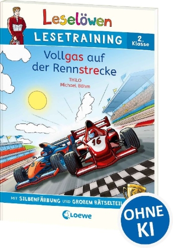 Buchcover und Innenansicht für das Buch: Leselöwen Lesetraining 2. Klasse - Vollgas auf der Rennstrecke