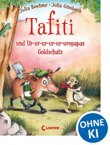 Buchcover und Innenansicht für das Buch: Tafiti und Ur-ur-ur-ur-ur-uropapas Goldschatz (Band 4)