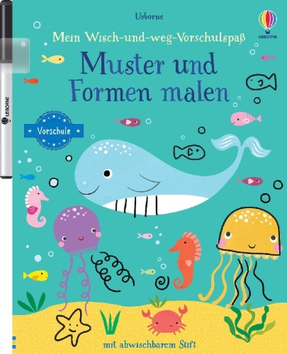 Buchcover und Innenansicht für das Buch: Mein Wisch-und-weg-Vorschulspaß:  Muster und Formen malen