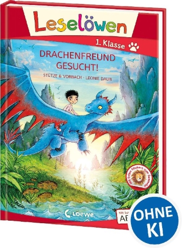 Buchcover und Innenansicht für das Buch: Leselöwen 1. Klasse - Drachenfreund gesucht! (Großbuchstabenausgabe)