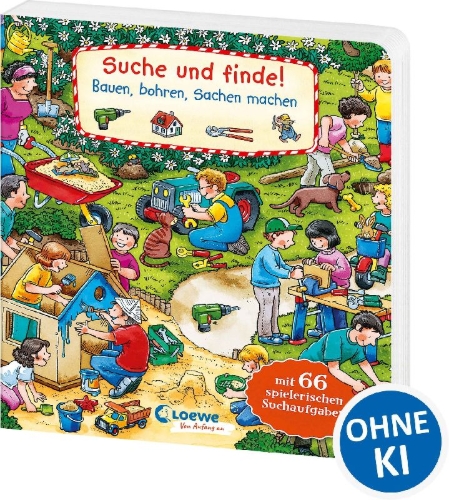 Buchcover und Innenansicht für das Buch: Suche und finde! Bauen, bohren, Sachen machen