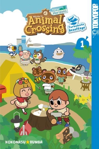 Buchcover und Innenansicht für das Buch: Animal Crossing: New Horizons - Turbulente Inseltage 01