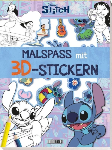 Buchcover und Innenansicht für das Buch: Disney Stitch: Malspaß mit 3D-Stickern