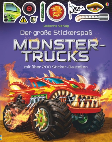 Buchcover und Innenansicht für das Buch: Der große Stickerspaß: Monstertrucks