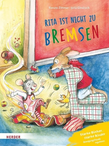 Buchcover und Innenansicht für das Buch: Konrad Känguru und Rita Rennmaus. Rita ist nicht zu bremsen