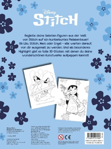 Buchcover und Innenansicht für das Buch: Disney Stitch: Malspaß mit 3D-Stickern