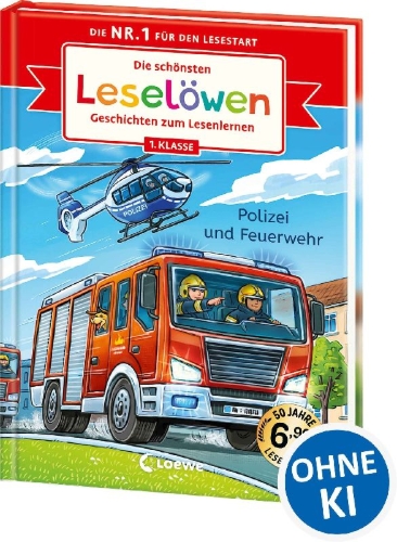 Buchcover und Innenansicht für das Buch: Die schönsten Leselöwen-Geschichten zum Lesenlernen - Polizei und Feuerwehr