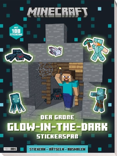 Buchcover und Innenansicht für das Buch: Minecraft: Der große Glow-in-the-Dark Stickerspaß: Stickern - Rätseln - Ausmalen
