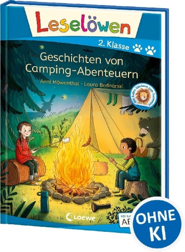 Buchcover und Innenansicht für das Buch: Leselöwen 2. Klasse - Geschichten von Camping-Abenteuern