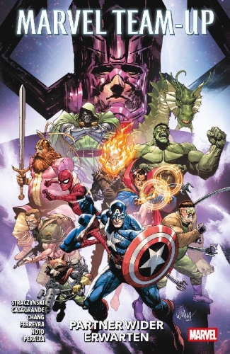 Buchcover und Innenansicht für das Buch: Doctor Doom & Rocket Raccoon (2025) #1, Captain America & Volstagg (2025) #1, Hulk & Doctor Strange (2025) #1, Ghost Rider vs. Galactus (2025) #1, Spider-Man vs. The Sinister Sixteen (2025) #1