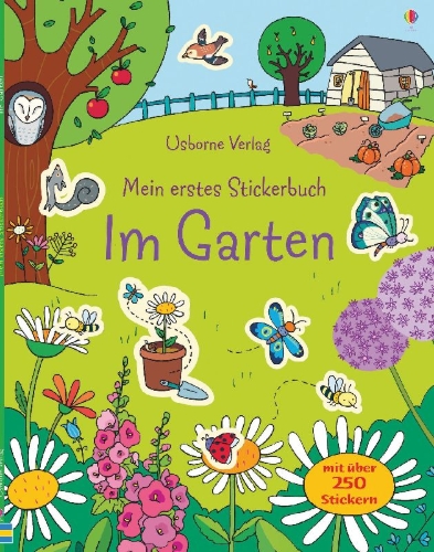 Buchcover und Innenansicht für das Buch: Mein erstes Stickerbuch: Im Garten