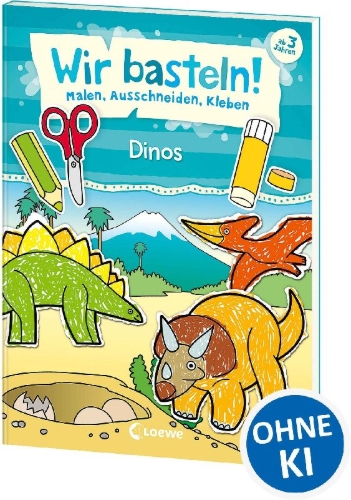 Buchcover und Innenansicht für das Buch: Wir basteln! - Malen, Ausschneiden, Kleben - Dinos