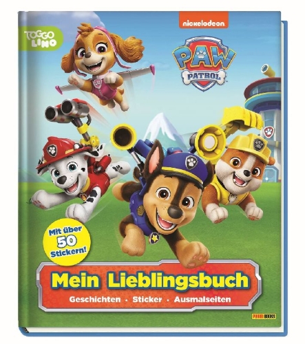 Buchcover und Innenansicht für das Buch: PAW Patrol: Mein Lieblingsbuch - Geschichten - Sticker - Ausmalseiten