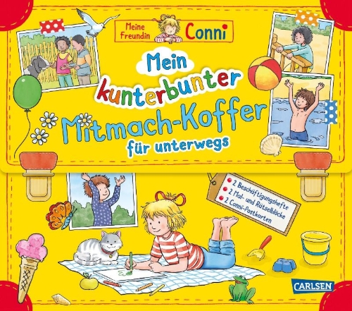 Buchcover und Innenansicht für das Buch: Conni Gelbe Reihe (Beschäftigungsbuch): Mein kunterbunter Mitmach-Koffer für unterwegs