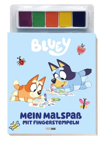 Buchcover und Innenansicht für das Buch: Bluey: Mein Malspaß mit Fingerstempeln