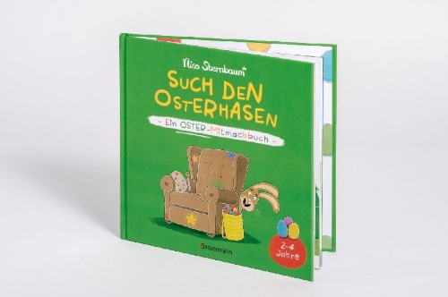 Buchcover und Innenansicht für das Buch: Such den Osterhasen. Ein Oster-Mitmachbuch. Zum Schütteln, Schaukeln, Pusten, Klopfen und sehen, was dann passiert. Von 2 bis 4 Jahren