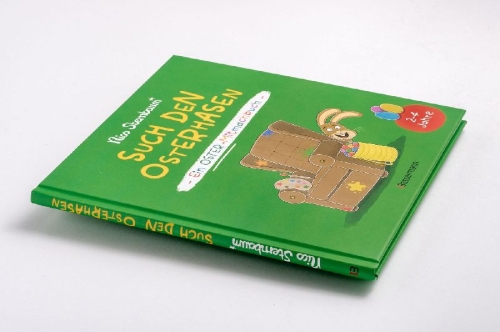 Buchcover und Innenansicht für das Buch: Such den Osterhasen. Ein Oster-Mitmachbuch. Zum Schütteln, Schaukeln, Pusten, Klopfen und sehen, was dann passiert. Von 2 bis 4 Jahren