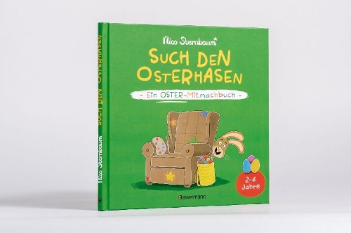 Buchcover und Innenansicht für das Buch: Such den Osterhasen. Ein Oster-Mitmachbuch. Zum Schütteln, Schaukeln, Pusten, Klopfen und sehen, was dann passiert. Von 2 bis 4 Jahren