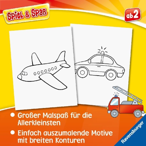 Buchcover und Innenansicht für das Buch: Spiel & Spaß - Mein allererster Malblock: Fahrzeuge