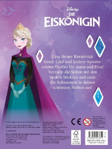 Buchcover und Innenansicht für das Buch: Disney Die Eiskönigin: Zauberhafter Styling-Spaß: Stickern, Malen, Stylen