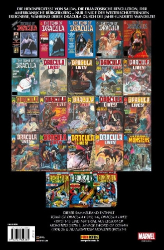 Buchcover und Innenansicht für das Buch: Tomb of Dracula (1979) 1-6; Dracula Lives! (1973) 1-13; Material aus Legion Of Monsters (1975) 1, Savage Sword Of Conan (1974) 26, Frankenstein Monster (1973) 7-9