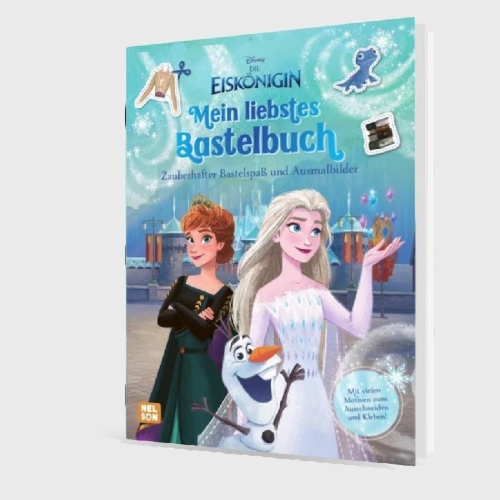 Buchcover und Innenansicht für das Buch: Disney Die Eiskönigin: Mein liebstes Bastelbuch - Zauberhafter Bastelspaß und Ausmalbilder