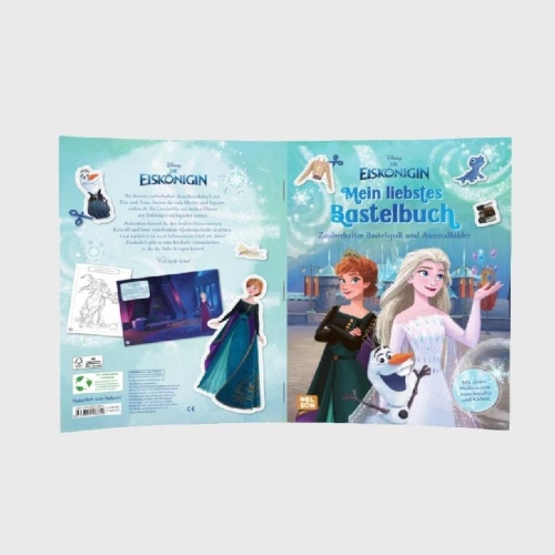 Buchcover und Innenansicht für das Buch: Disney Die Eiskönigin: Mein liebstes Bastelbuch - Zauberhafter Bastelspaß und Ausmalbilder